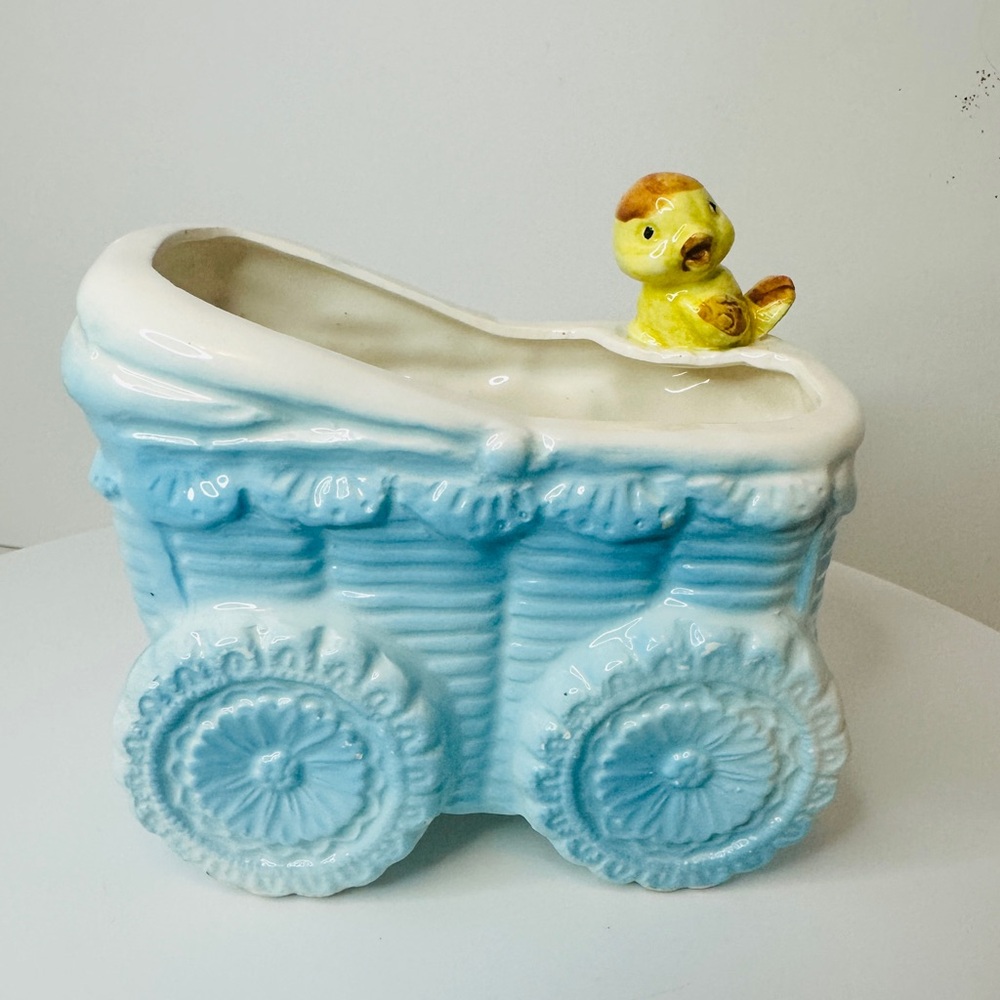 Vintage INARCO Japan Blue Ceramic Baby Buggy Carriage Vase Planter Decor